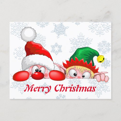 Santa and Elf Cute and funny Characters Peeking Postcard