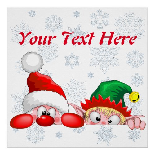 Santa and Elf Cute and funny Characters Peeking  Poster