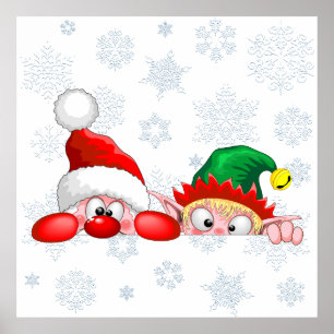 Santa and Elf Cute and funny Characters Peeking Poster