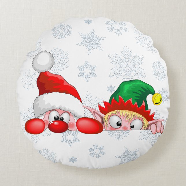 Santa and Elf Cute and funny Characters Peeking  Round Pillow (Front)