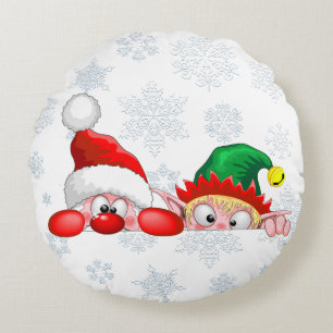 Santa and Elf Cute and funny Characters Peeking Round Pillow