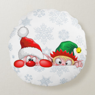 Santa and Elf Cute and funny Characters Peeking Round Pillow