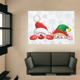 Santa and Elf Cute and funny Characters Peeking   Rug