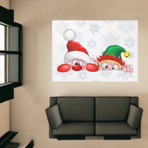 Santa and Elf Cute and funny Characters Peeking   Rug