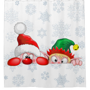 Santa and Elf Cute and funny Characters Peeking  Shower Curtain