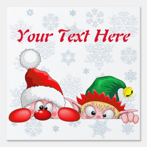 Santa and Elf Cute and funny Characters Peeking   Sign