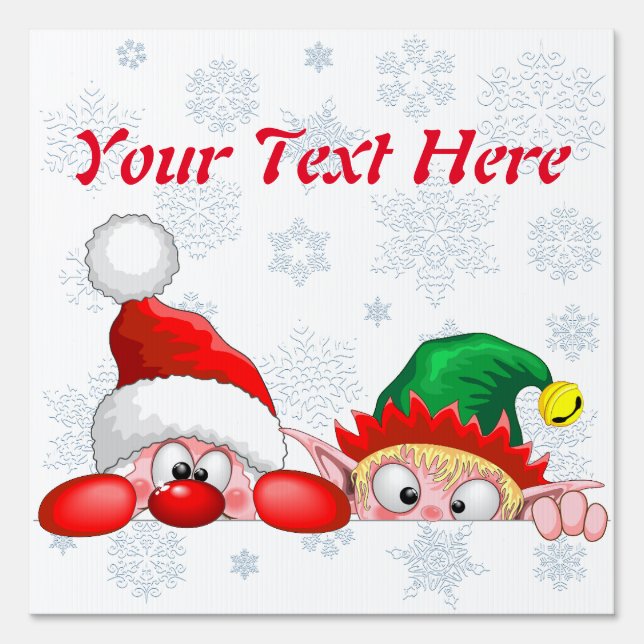 Santa and Elf Cute and funny Characters Peeking   Sign (Front)