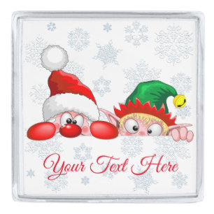 Santa and Elf Cute and funny Characters Peeking Silver Finish Lapel Pin