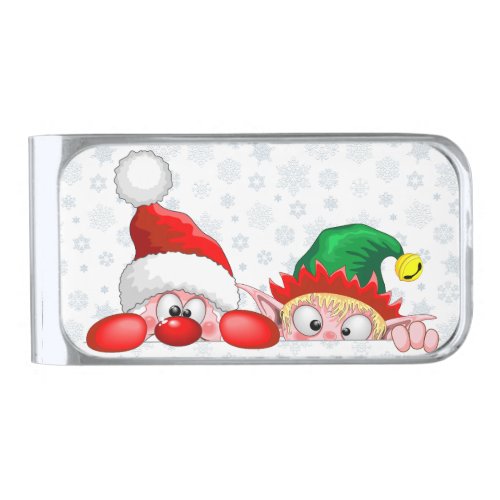 Santa and Elf Cute and funny Characters Peeking   Silver Finish Money Clip