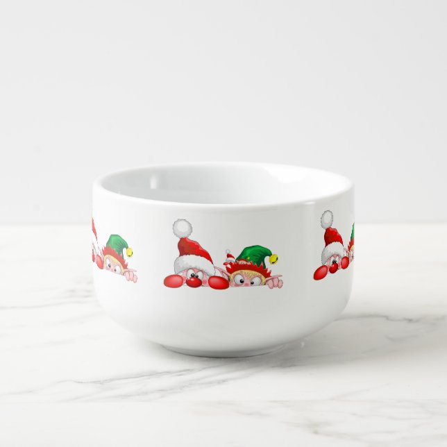 Santa and Elf Cute and funny Characters Peeking  Soup Mug (Front)