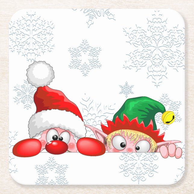 Santa and Elf Cute and funny Characters Peeking  Square Paper Coaster (Front)