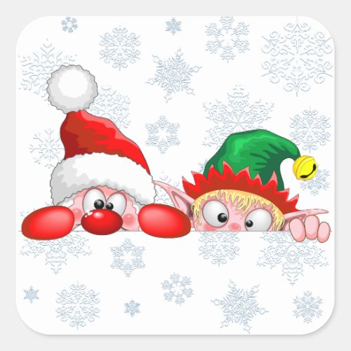 Santa and Elf Cute and funny Characters Peeking Square Sticker