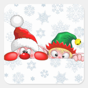 Santa and Elf Cute and funny Characters Peeking Square Sticker