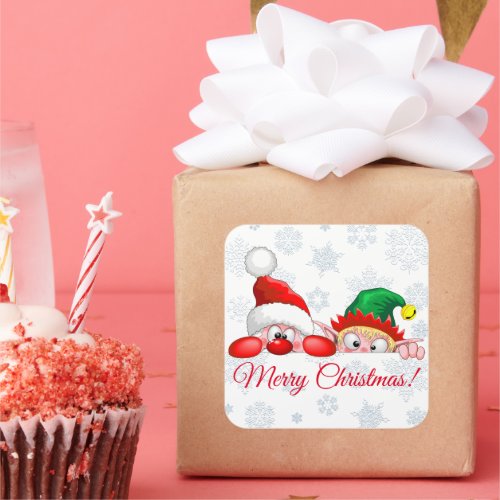 Santa and Elf Cute and funny Characters Peeking   Square Sticker
