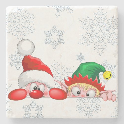 Santa and Elf Cute and funny Characters Peeking  Stone Coaster