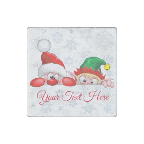 Santa and Elf Cute and funny Characters Peeking   Stone Magnet