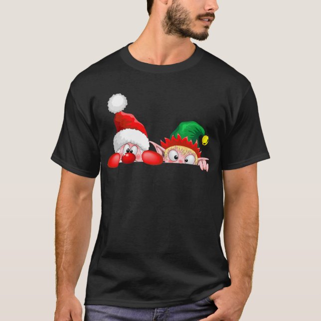 Santa and Elf Cute and funny Characters Peeking  T-Shirt (Front)