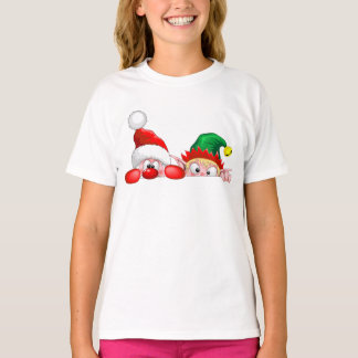 Santa and Elf Cute and funny Characters Peeking  T-Shirt
