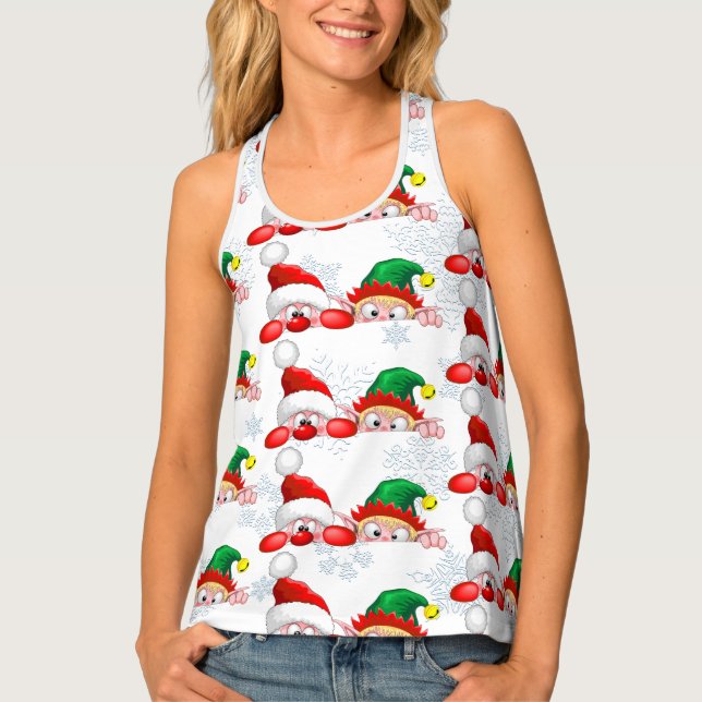Santa and Elf Cute and funny Characters Peeking  Tank Top (Front)