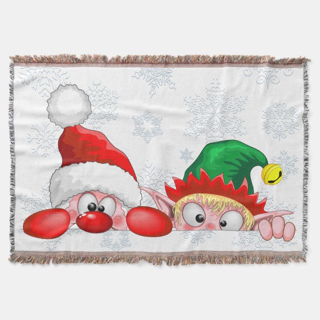 Santa and Elf Cute and funny Characters Peeking  Throw Blanket (Front)