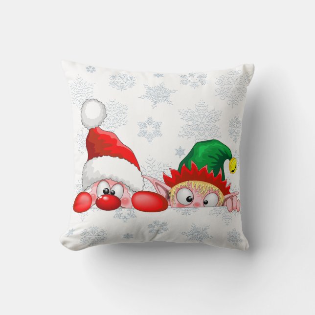 Santa and Elf Cute and funny Characters Peeking  Throw Pillow (Front)