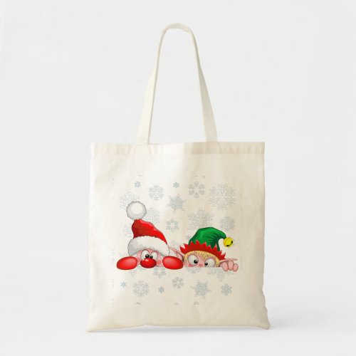 Santa and Elf Cute and funny Characters Peeking  Tote Bag