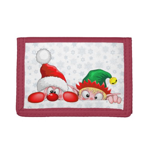 Santa and Elf Cute and funny Characters Peeking   Trifold Wallet