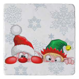 Santa and Elf Cute and funny Characters Peeking  Trivet