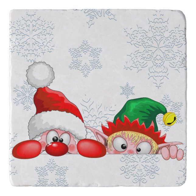 Santa and Elf Cute and funny Characters Peeking  Trivet (Front)