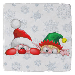Santa and Elf Cute and funny Characters Peeking  Trivet
