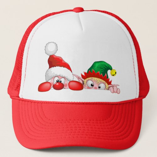 Santa and Elf Cute and funny Characters Peeking   Trucker Hat