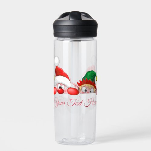 Santa and Elf Cute and funny Characters Peeking   Water Bottle
