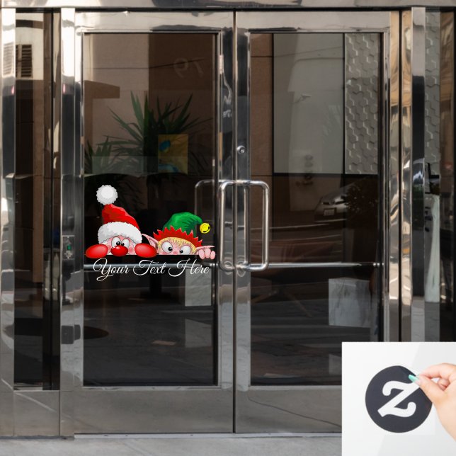 Santa and Elf Cute and funny Characters Peeking   Window Cling (Office Door)