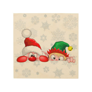 Santa and Elf Cute and funny Characters Peeking Wood Wall Art