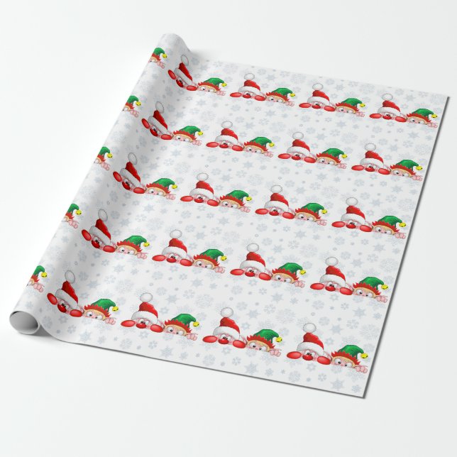 Santa and Elf Cute and funny Characters Peeking  Wrapping Paper (Unrolled)