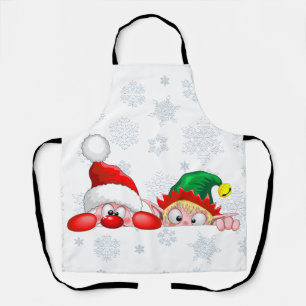 Santa and Elf Cute and funny Christmas Cartoon Cha Apron