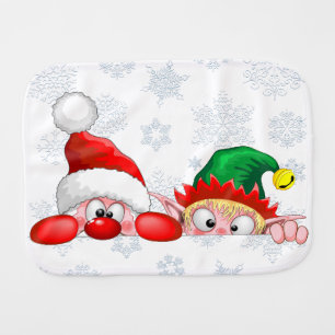 Santa and Elf Cute and funny Christmas Cartoon Cha Baby Burp Cloth