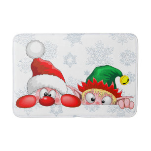 Santa and Elf Cute and funny Christmas Cartoon Cha Bath Mat