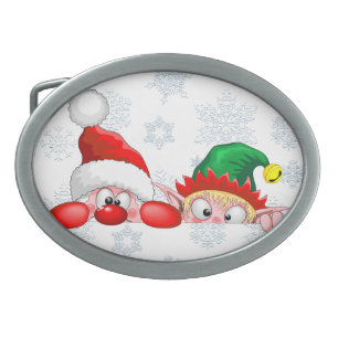 Santa and Elf Cute and funny Christmas Cartoon Cha Belt Buckle