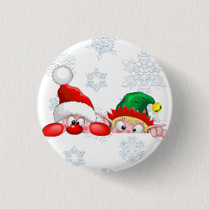 Santa and Elf Cute and funny Christmas Cartoon Cha Button
