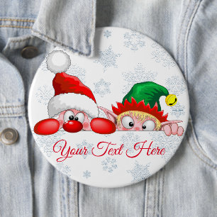 Santa and Elf Cute and funny Christmas Cartoon Cha Button