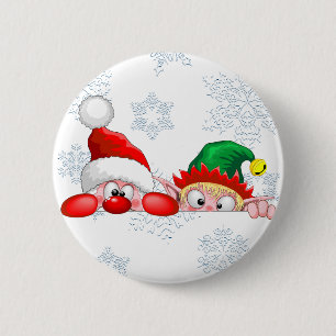 Santa and Elf Cute and funny Christmas Cartoon Cha Button