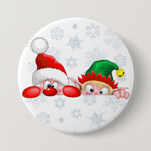 Santa and Elf Cute and funny Christmas Cartoon Cha Button