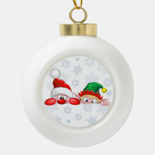 Santa and Elf Cute and funny Christmas Cartoon Cha Ceramic Ball Christmas Ornament