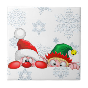 Santa and Elf Cute and funny Christmas Cartoon Cha Ceramic Tile
