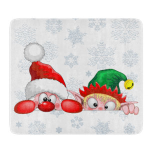 Santa and Elf Cute and funny Christmas Cartoon Cha Cutting Board