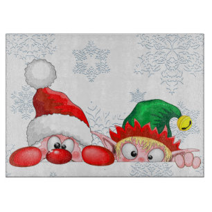 Santa and Elf Cute and funny Christmas Cartoon Cha Cutting Board