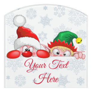 Santa and Elf Cute and funny Christmas Cartoon Cha Door Sign