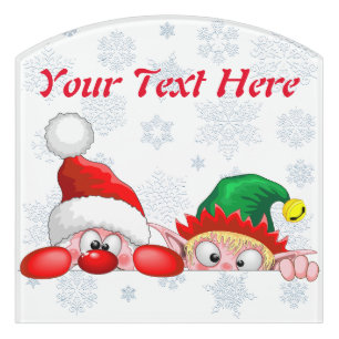 Santa and Elf Cute and funny Christmas Cartoon Cha Door Sign