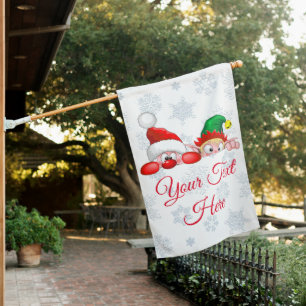 Santa and Elf Cute and funny Christmas Cartoon Cha House Flag